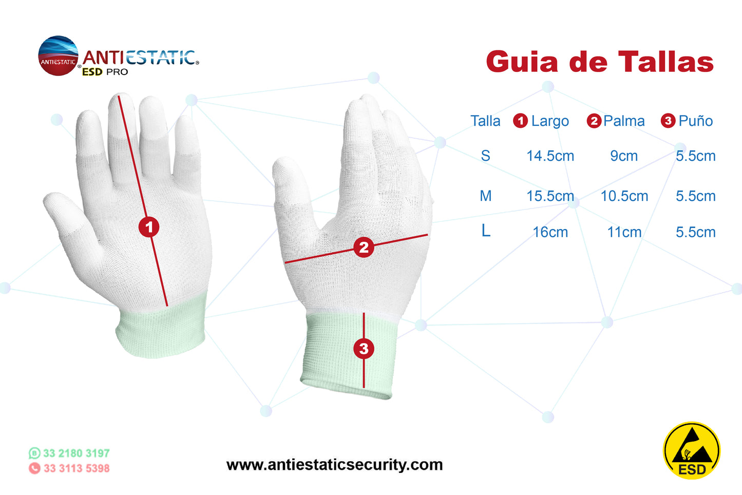 Guante Antiestático ESD Con Recubrimiento de PU en Dedos